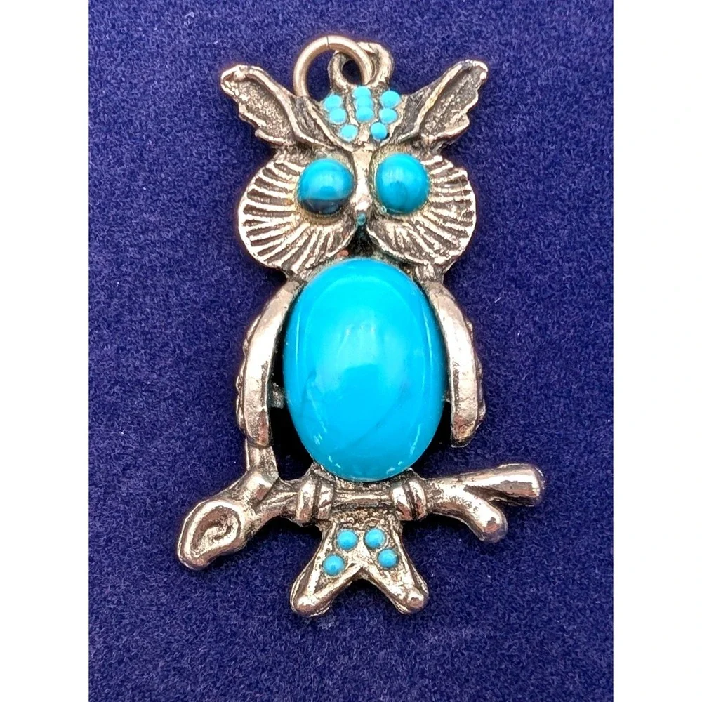Vintage Silver Tone Owl Pendant Faux Turquoise Cabochon Boho Bird Jewelry